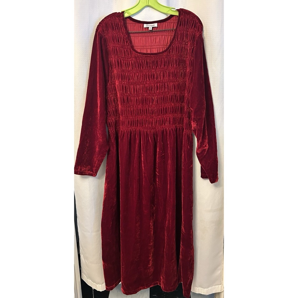 Red Velvet Smocked Bodice Dress 2X Goth Witchy Whimsy Romantic Long Sleeve